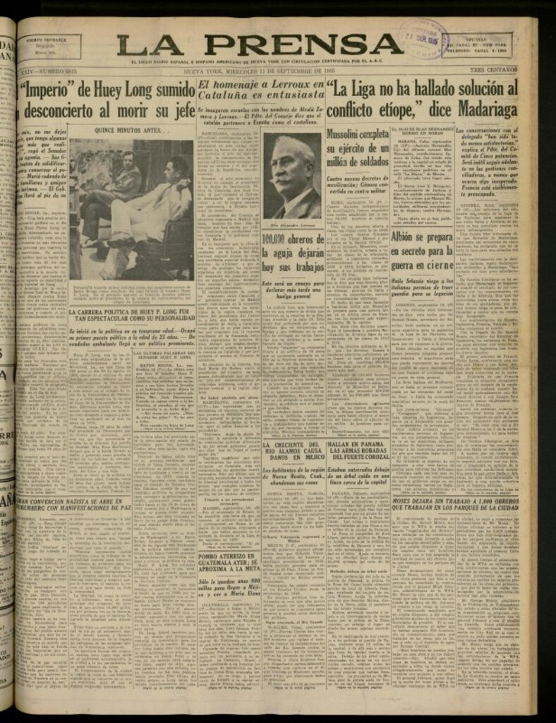 Miniatura de La Prensa: único diario español e hispano americano en Nueva York del 11 de septiembre de 1935, nº 5813