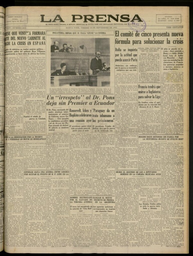 Miniatura de La Prensa: único diario español e hispano americano en Nueva York del 13 de septiembre de 1935, nº 5815