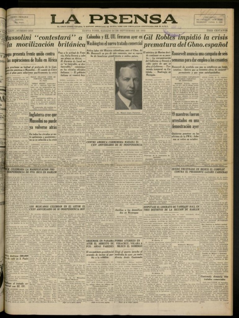 Miniatura de La Prensa: único diario español e hispano americano en Nueva York del 14 de septiembre de 1935, nº 5816