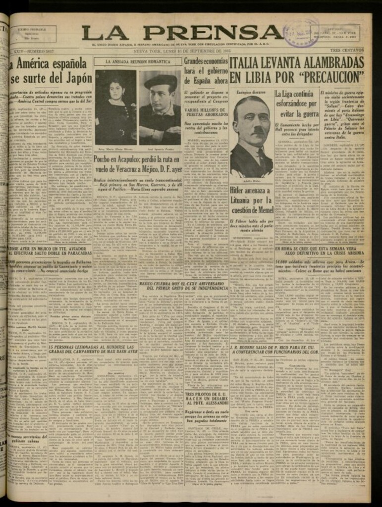 Miniatura de La Prensa: único diario español e hispano americano en Nueva York del 16 de septiembre de 1935, nº 5817