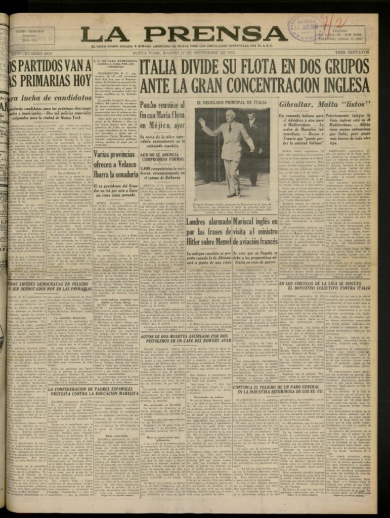 Miniatura de La Prensa: único diario español e hispano americano en Nueva York del 17 de septiembre de 1935, nº 5818