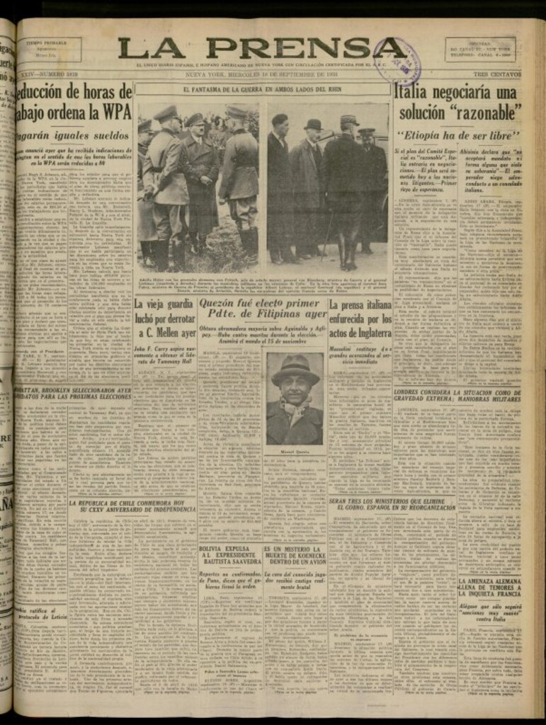 Miniatura de La Prensa: único diario español e hispano americano en Nueva York del 18 de septiembre de 1935, nº 5819