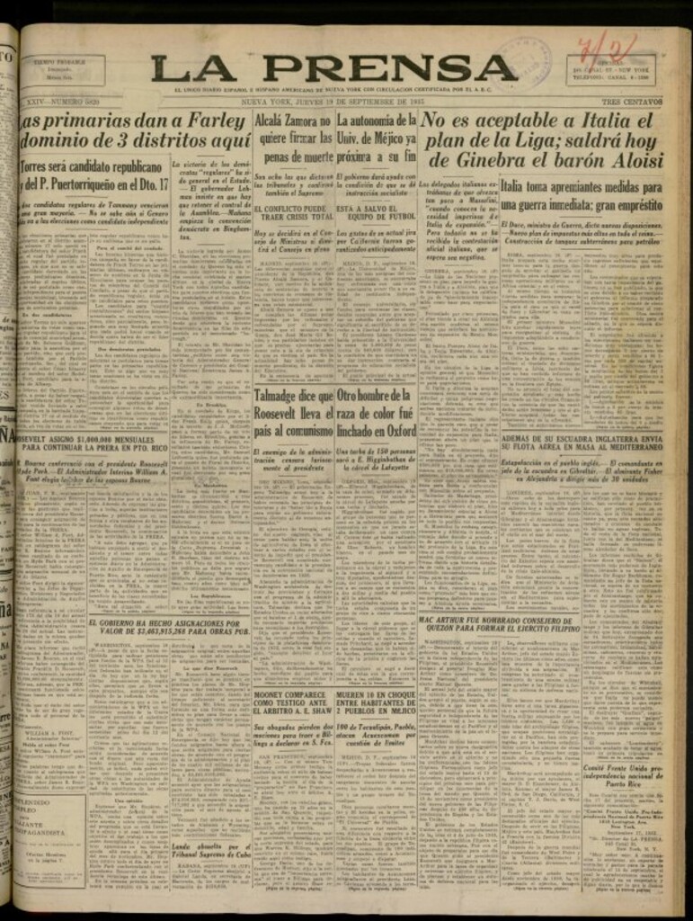 Miniatura de La Prensa: único diario español e hispano americano en Nueva York del 19 de septiembre de 1935, nº 5820