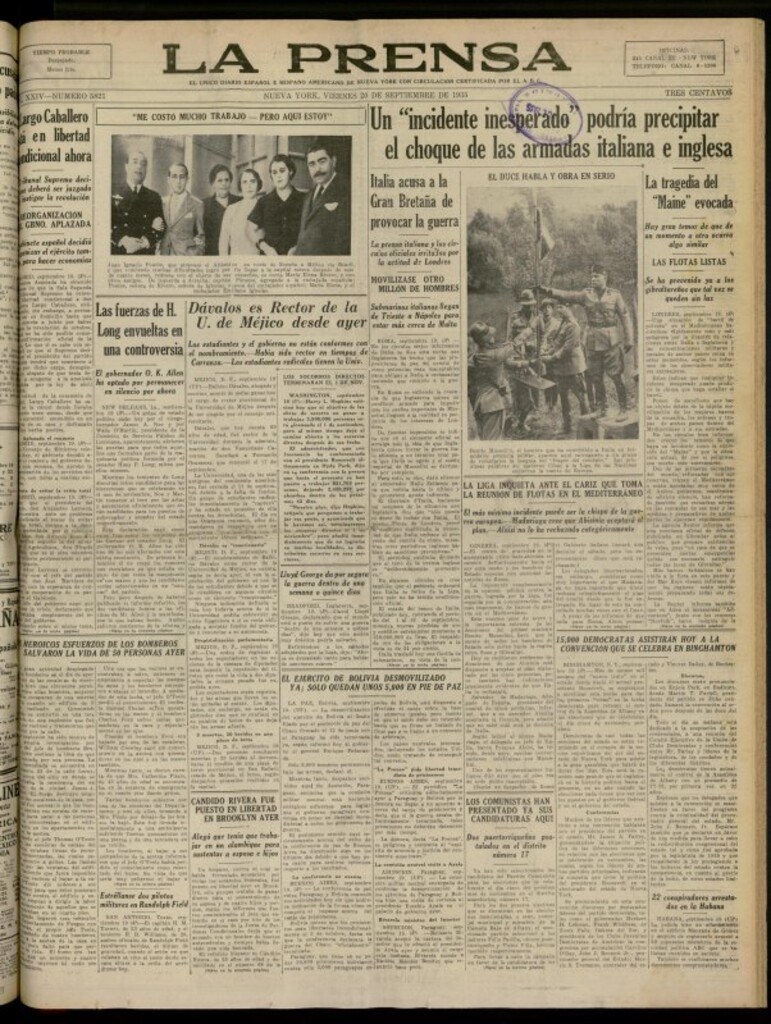 Miniatura de La Prensa: único diario español e hispano americano en Nueva York del 20 de septiembre de 1935, nº 5821