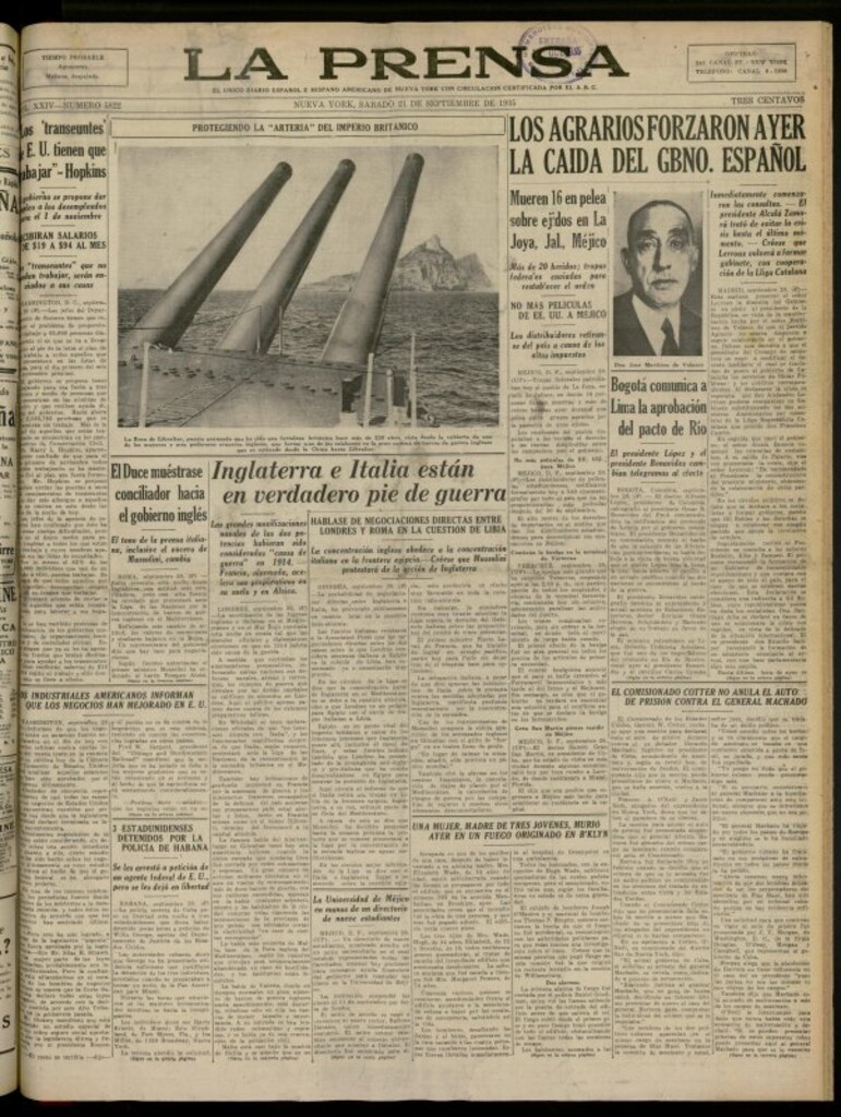 Miniatura de La Prensa: único diario español e hispano americano en Nueva York del 21 de septiembre de 1935, nº 5822