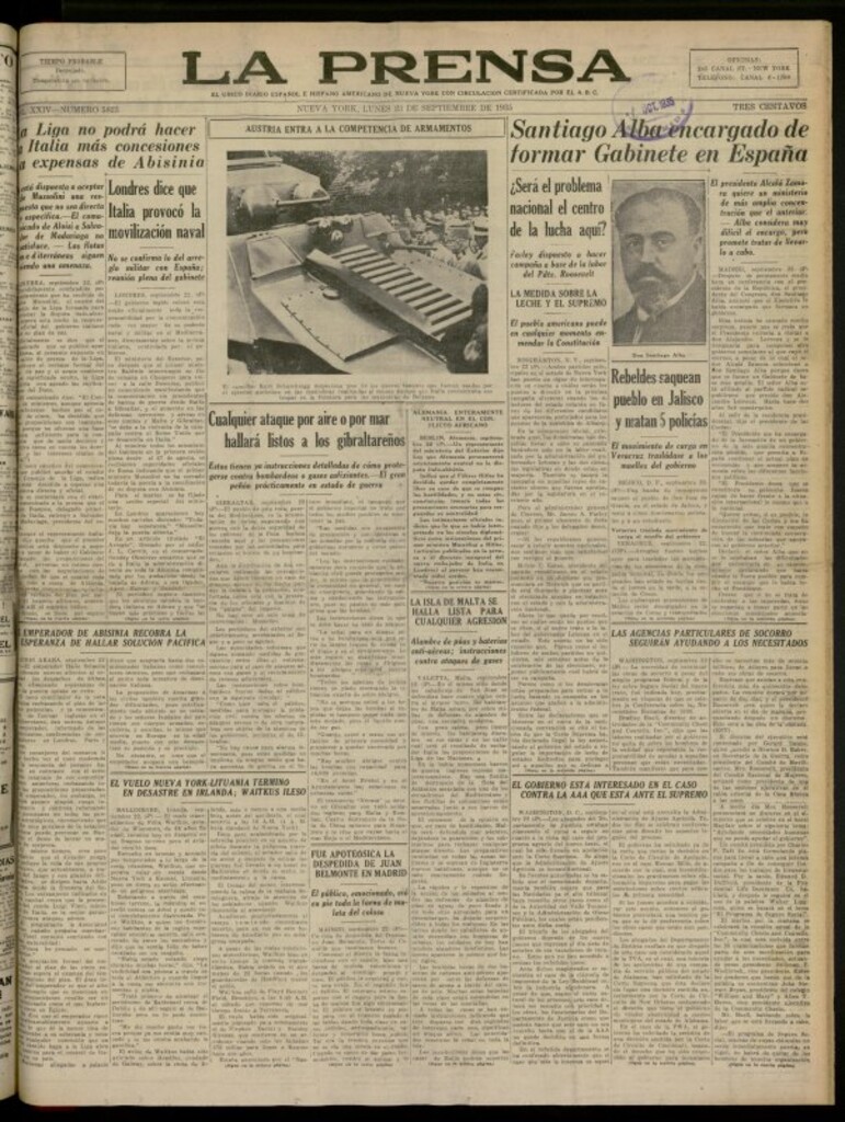 Miniatura de La Prensa: único diario español e hispano americano en Nueva York del 23 de septiembre de 1935, nº 5823