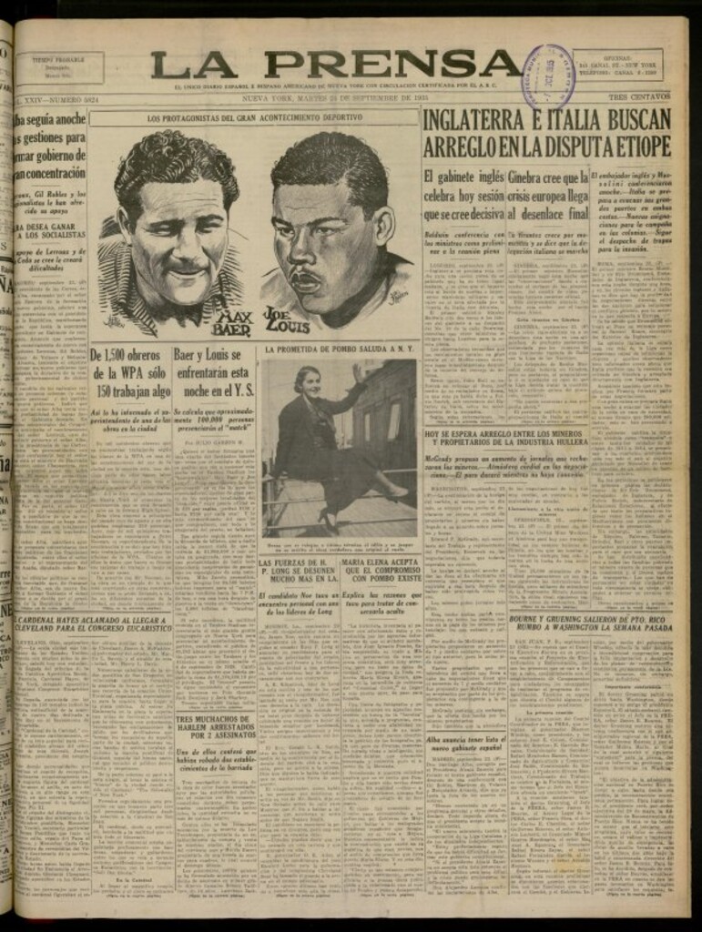Miniatura de La Prensa: único diario español e hispano americano en Nueva York del 24 de septiembre de 1935, nº 5824