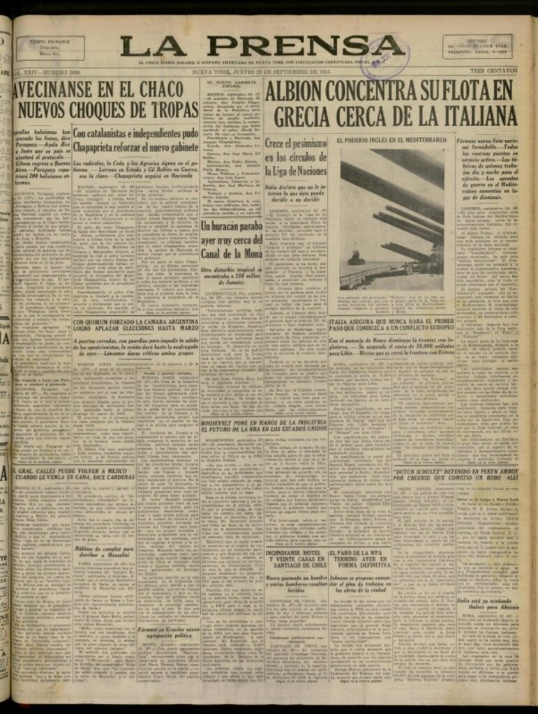 Miniatura de La Prensa: único diario español e hispano americano en Nueva York del 26 de septiembre de 1935, nº 5826