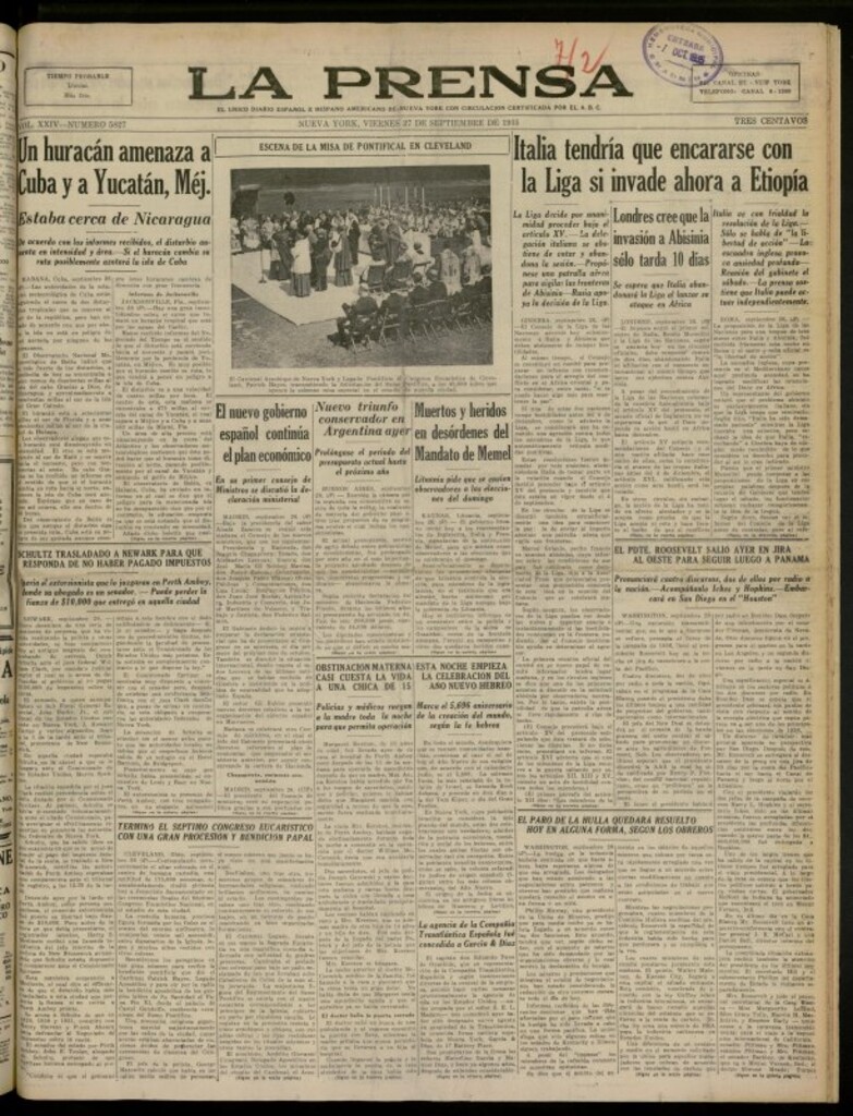 Miniatura de La Prensa: único diario español e hispano americano en Nueva York del 27 de septiembre de 1935, nº 5827