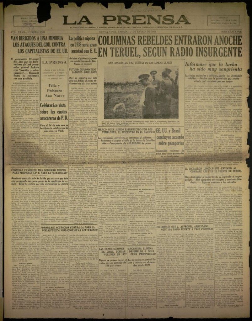 Miniatura de La Prensa: único diario español e hispano americano en Nueva York del 1 de enero de 1938, nº 6536