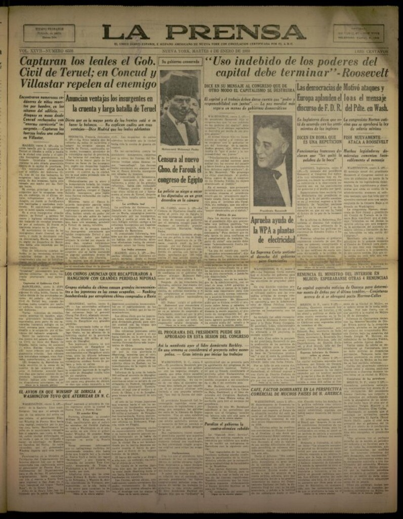 Miniatura de La Prensa: único diario español e hispano americano en Nueva York del 4 de enero de 1938, nº 6538