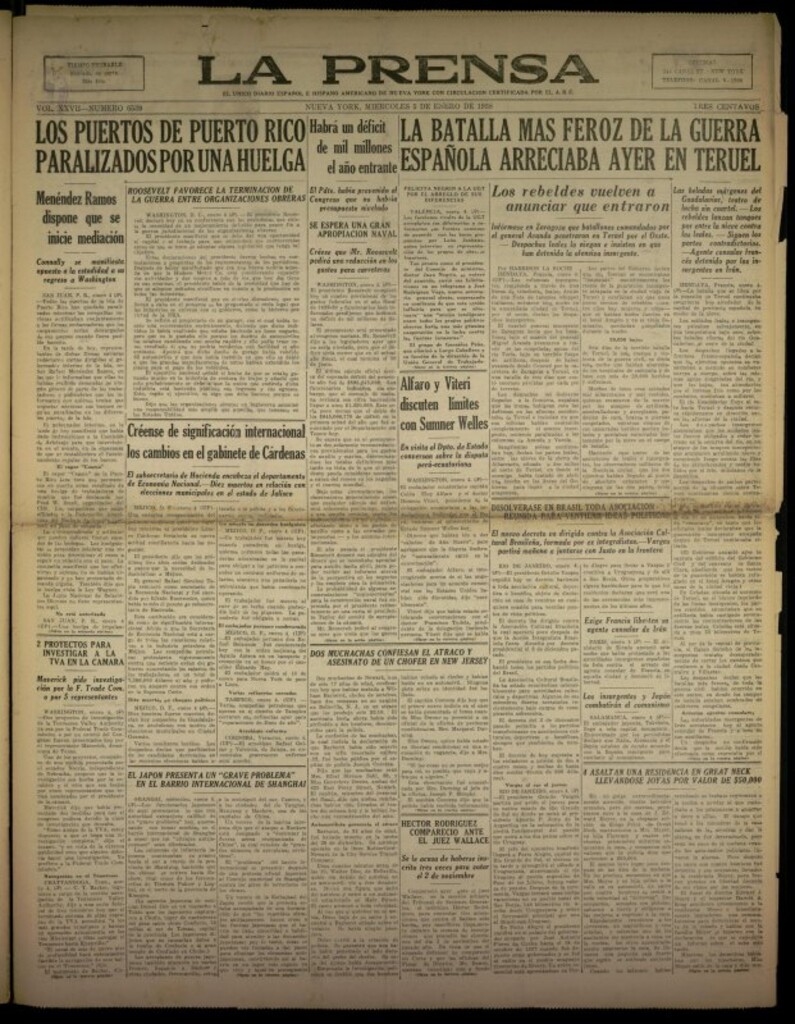 Miniatura de La Prensa: único diario español e hispano americano en Nueva York del 5 de enero de 1938, nº 6539