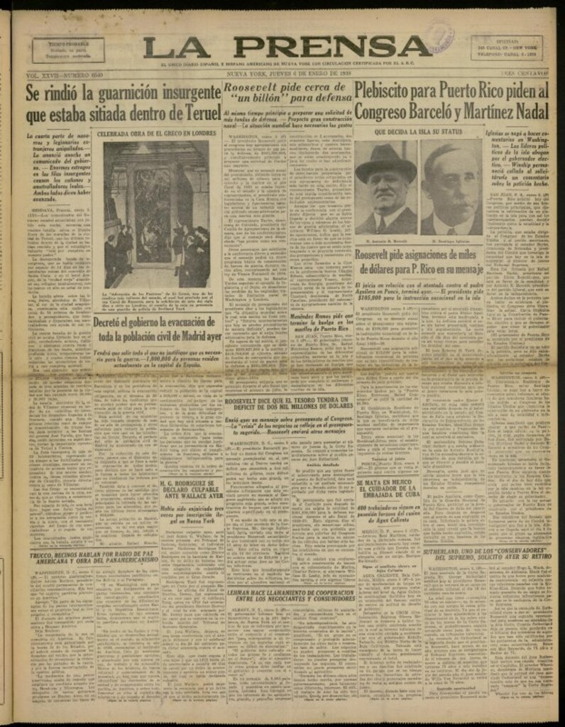 Miniatura de La Prensa: único diario español e hispano americano en Nueva York del 6 de enero de 1938, nº 6540
