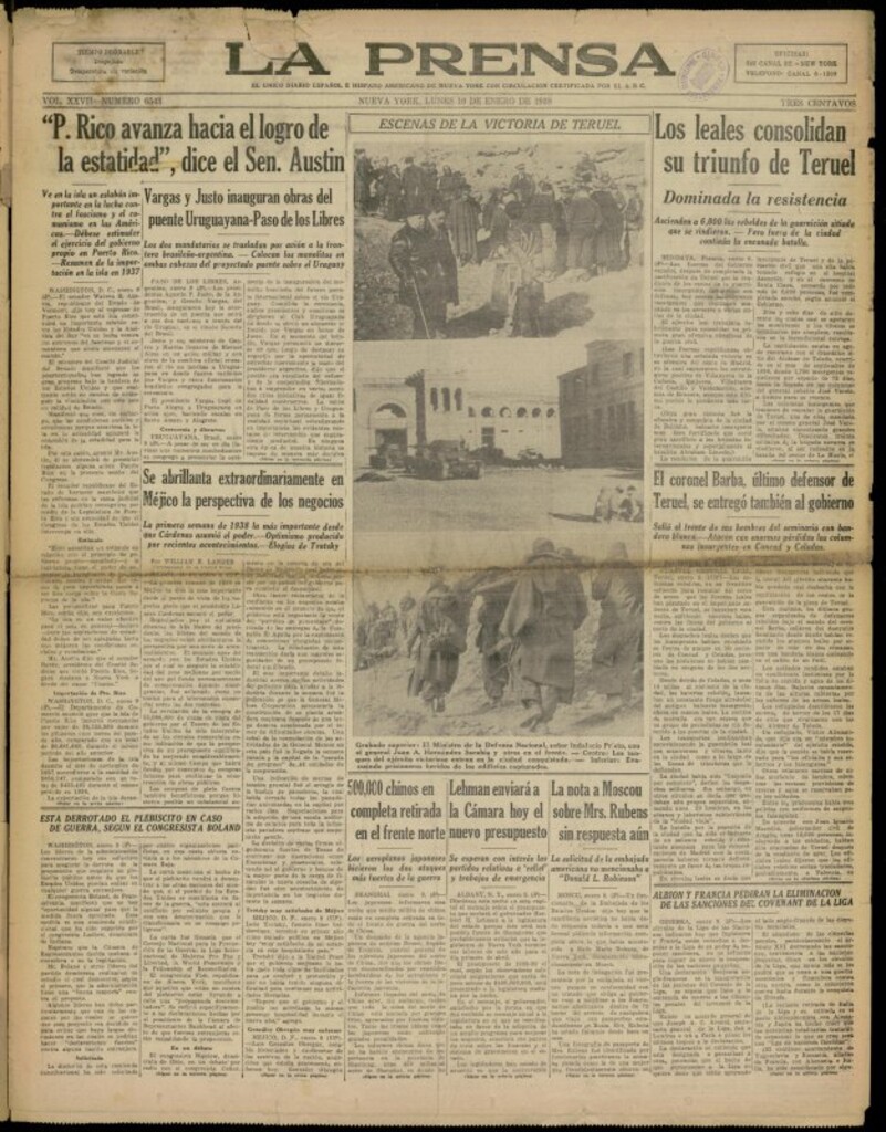 Miniatura de La Prensa: único diario español e hispano americano en Nueva York del 10 de enero de 1938, nº 6543