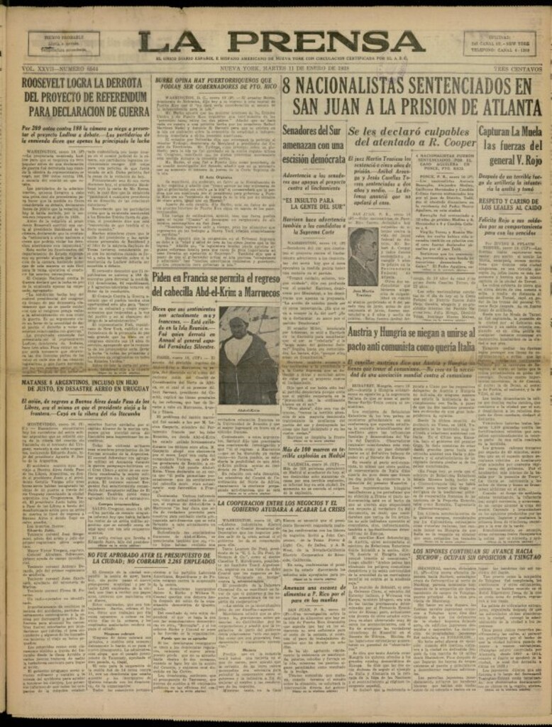 Miniatura de La Prensa: único diario español e hispano americano en Nueva York del 11 de enero de 1938, nº 6544