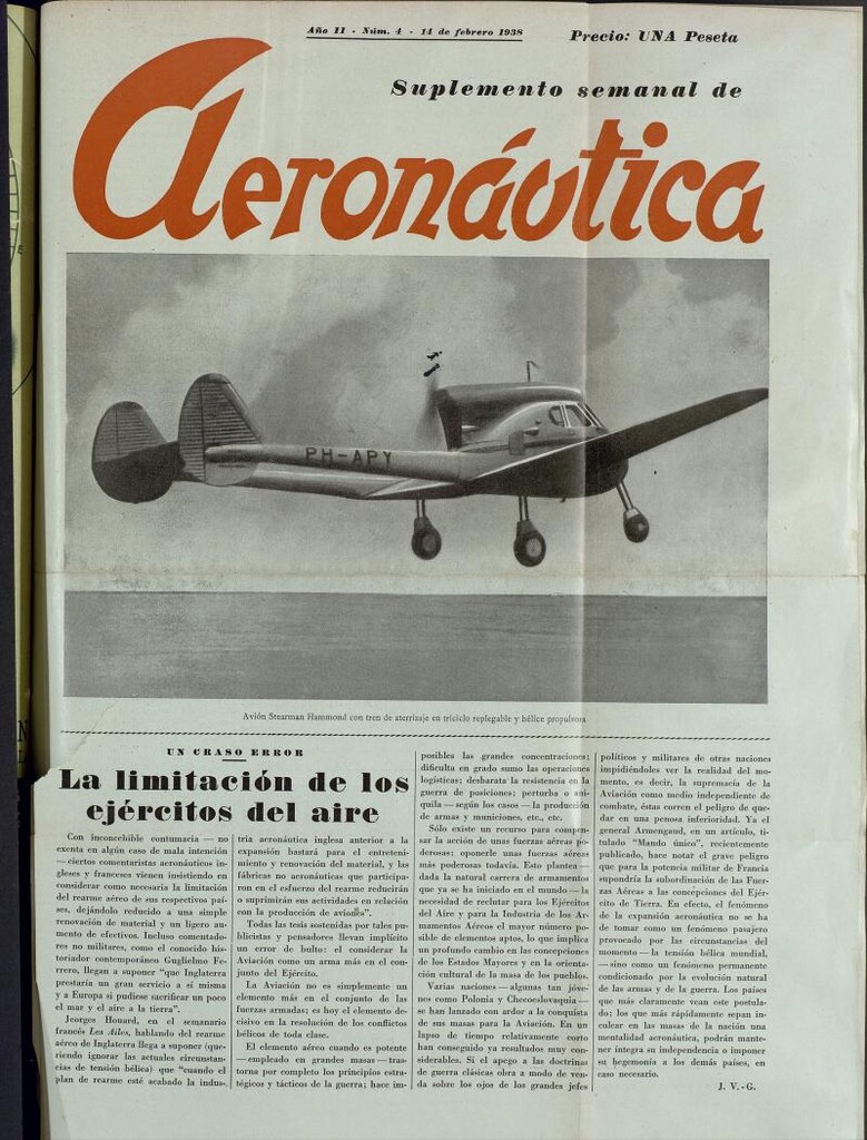 Miniatura de Suplemento semanal de Aeronaútica : revista profesional de aviación. 14 de febrero de 1938