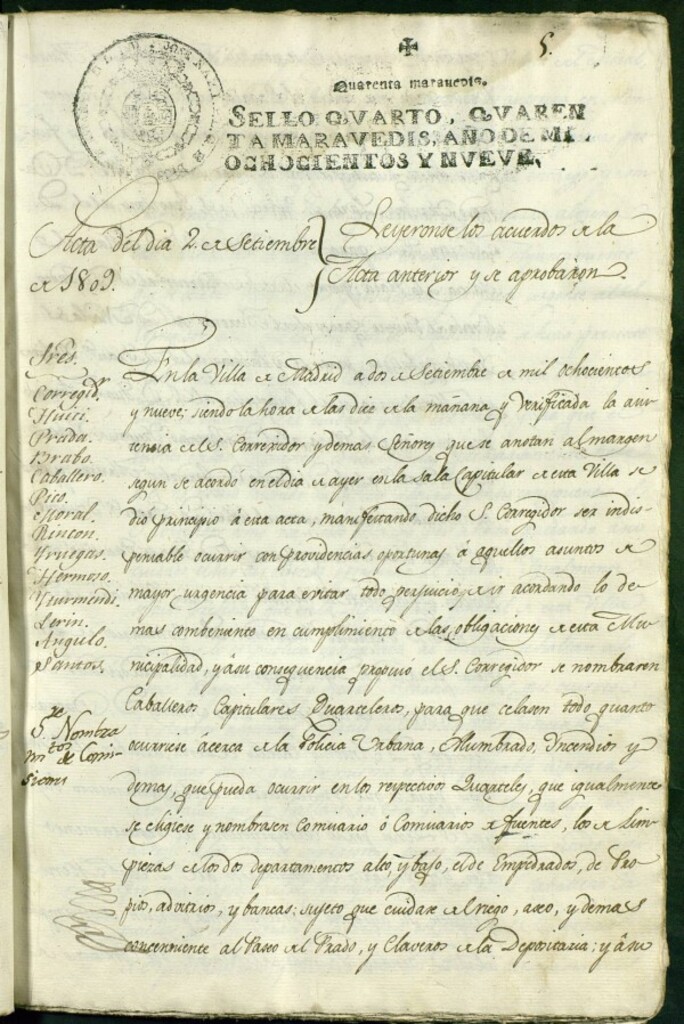 Miniatura de Libro de Acuerdos del Ayuntamiento de Madrid del 2 de Septiembre de 1809