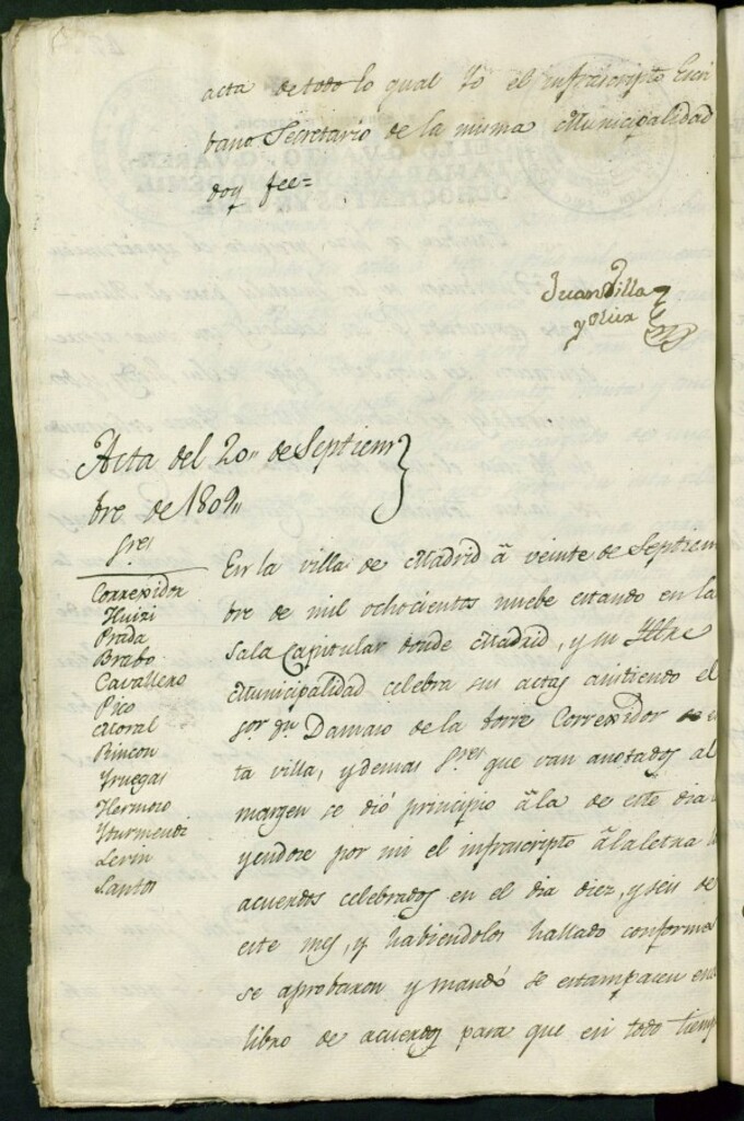 Miniatura de Libro de Acuerdos del Ayuntamiento de Madrid del 20 de Septiembre de 1809
