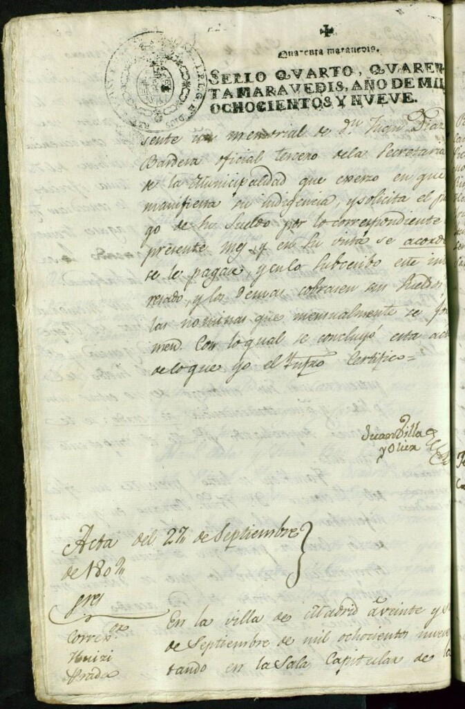 Miniatura de Libro de Acuerdos del Ayuntamiento de Madrid del 27 de Septiembre de 1809