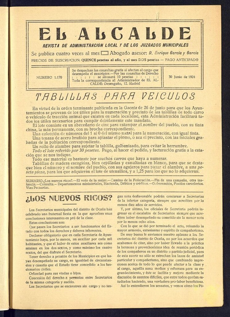 Miniatura de Alcalde del 30 de junio de 1924. Número 1170