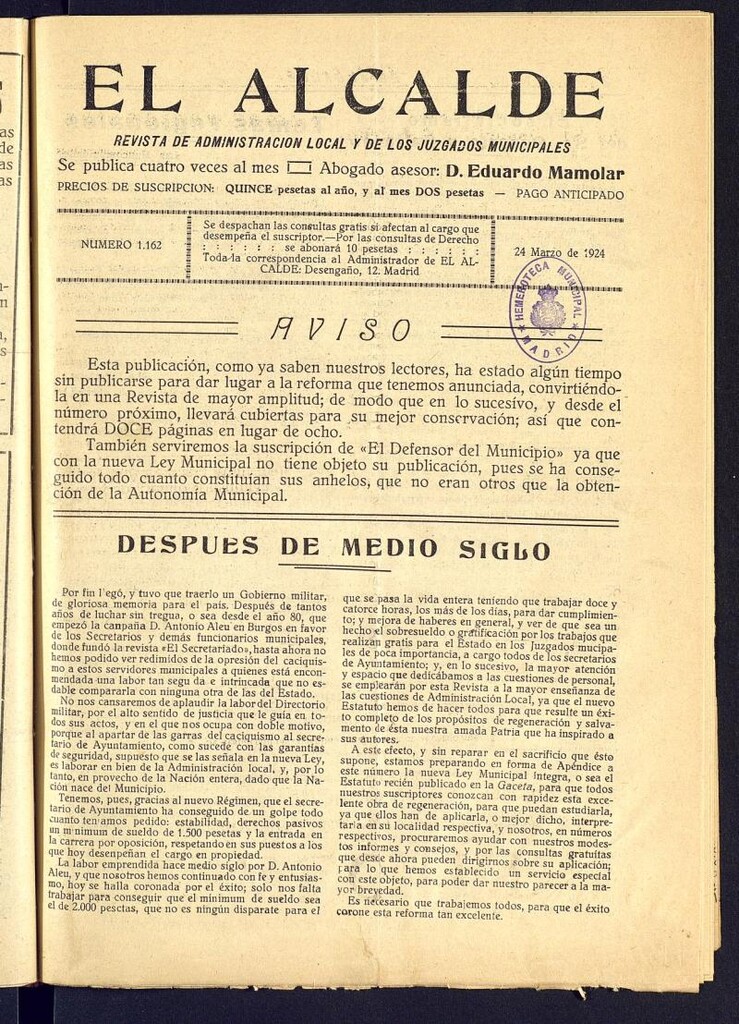 Miniatura de Alcalde del 24 de marzo de 1924. Número 1162