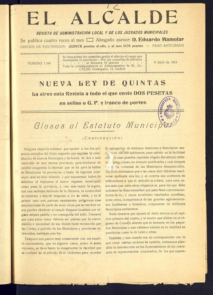 Miniatura de Alcalde del 9 de abril de 1924. Número 1165