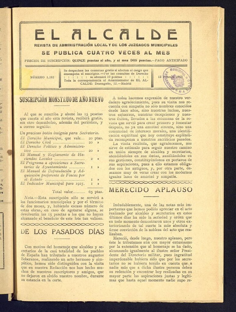Miniatura de Alcalde del 13 de febrero de 1925. Número 1182