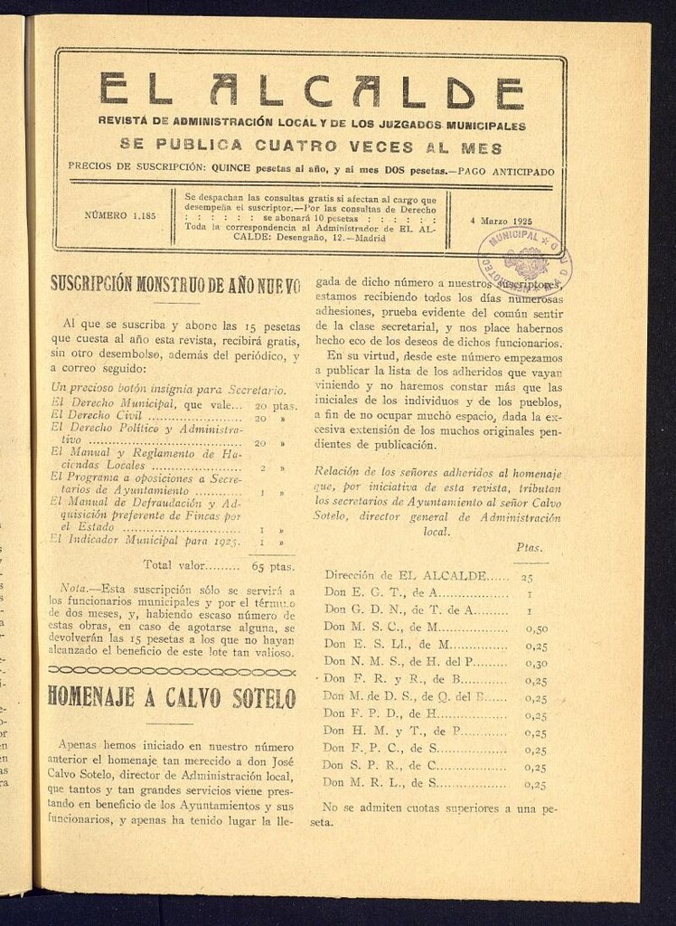 Miniatura de Alcalde del 4 de marzo de 1925. Número 1185
