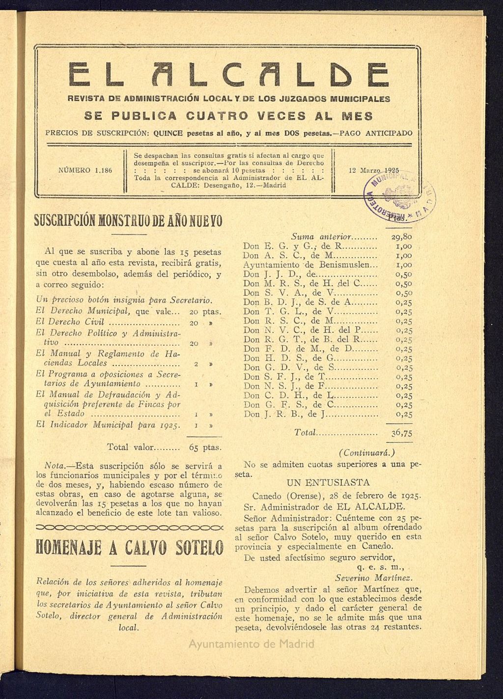 Miniatura de Alcalde del 12 de marzo de 1925. Número 1186