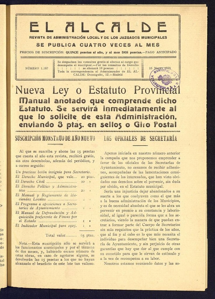 Miniatura de Alcalde del 25 de marzo de 1925. Número 1187