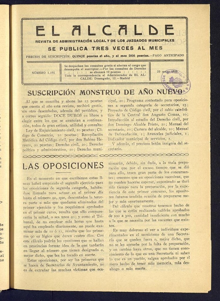 Miniatura de Alcalde del 20 de mayo de 1925. Número 1191