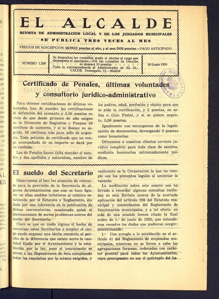 Miniatura de Alcalde del 30 de enero de 1926. Número 1209