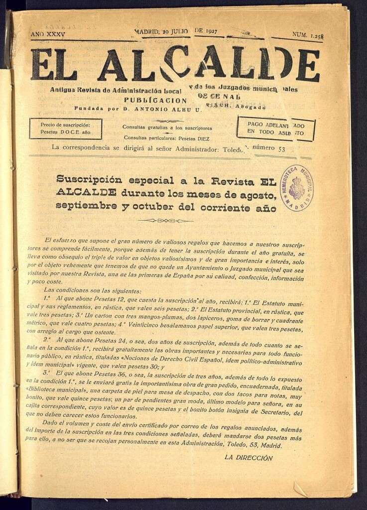Miniatura de Alcalde del 20 de julio de 1927. Número 1258