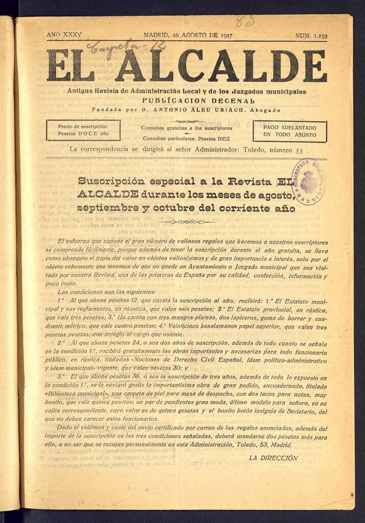Miniatura de Alcalde del 10 de agosto de 1927. Número 1259