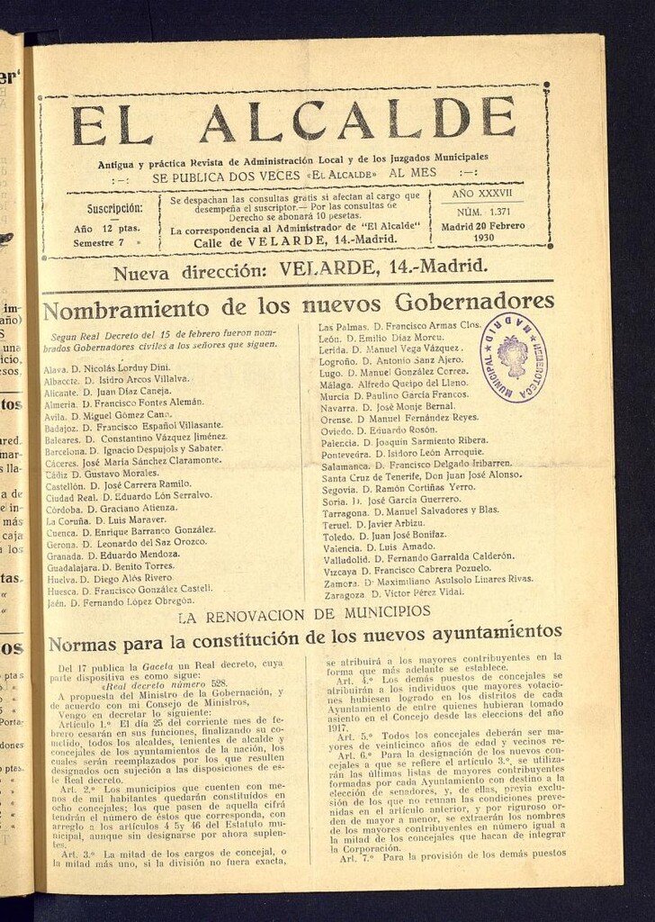 Miniatura de Alcalde del 20 de febrero de 1930. Número 1371