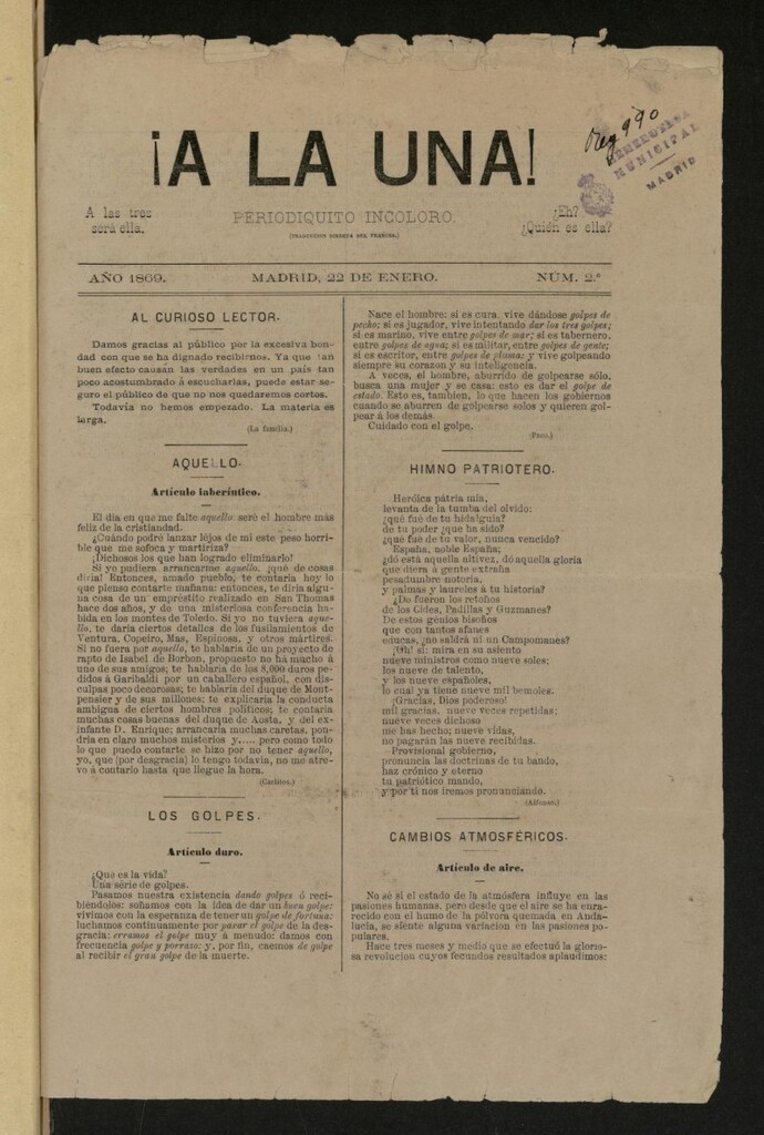 Miniatura de ¡A la una! : periodiquito incoloro de 22 de enero de 1869, nº 2