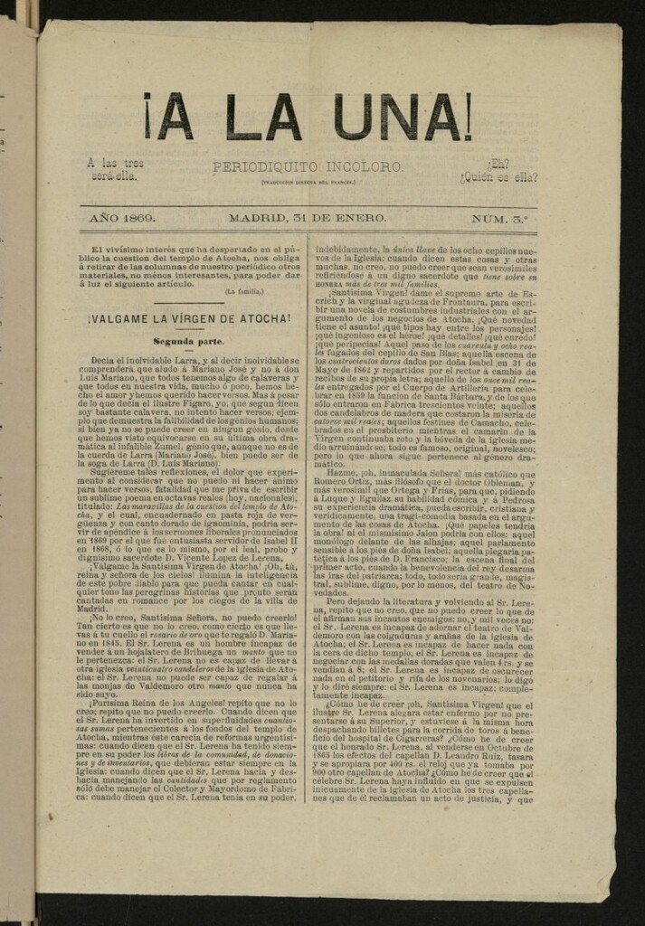 Miniatura de ¡A la una! : periodiquito incoloro de 31 de enero de 1869, nº 3