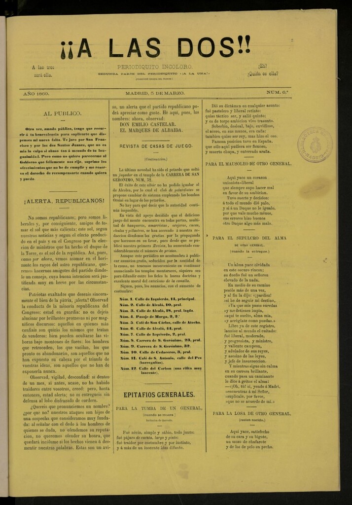 Miniatura de ¡A las dos! : periodiquito incoloro de 3 de marzo de 1869, nº 6