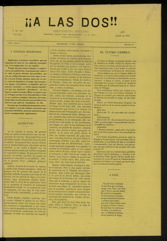 Miniatura de ¡A las dos! : periodiquito incoloro de 3 de abril de 1869, nº 9