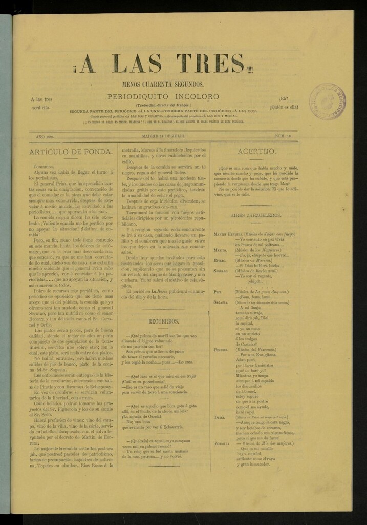 Miniatura de ¡A las tres! menos cuarenta segundos : periodiquito incoloro de 14 de julio de 1869, nº 16