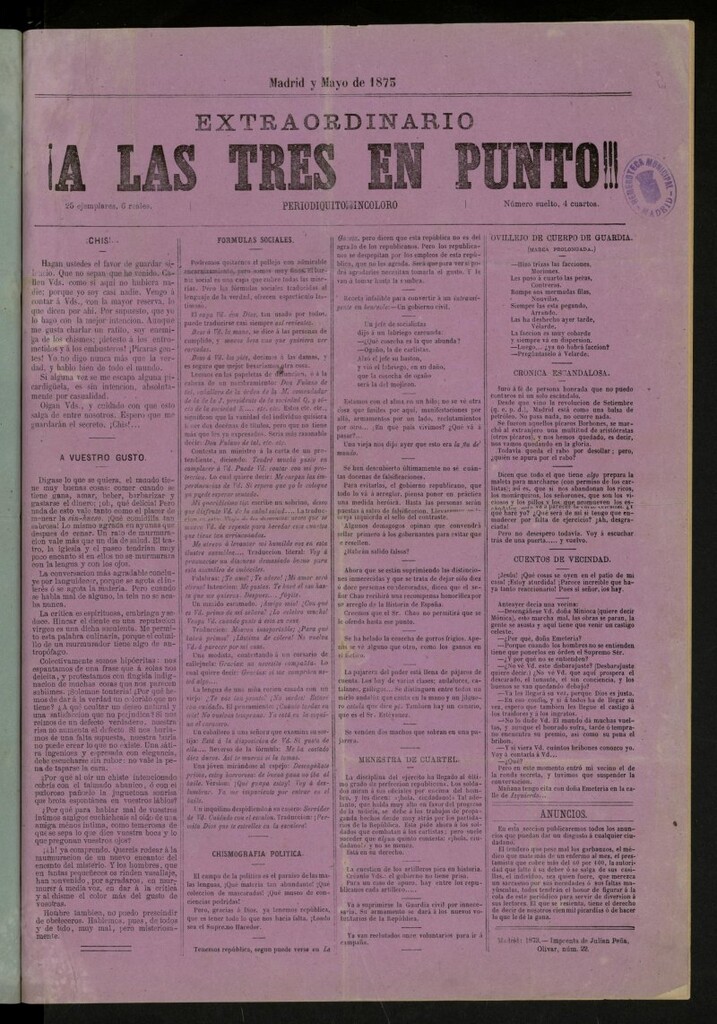 Miniatura de ¡A las tres en punto! : periodiquito incoloro, Madrid y Mayo de 1875, nº extraordinário