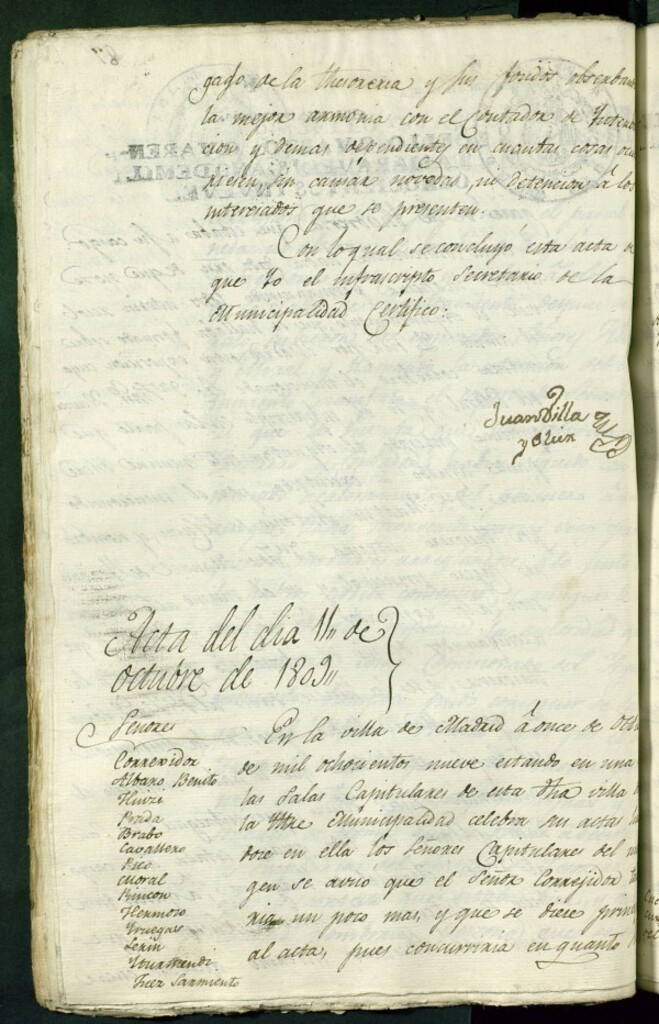 Miniatura de Libro de Acuerdos del Ayuntamiento de Madrid del 11 de Octubre de 1809
