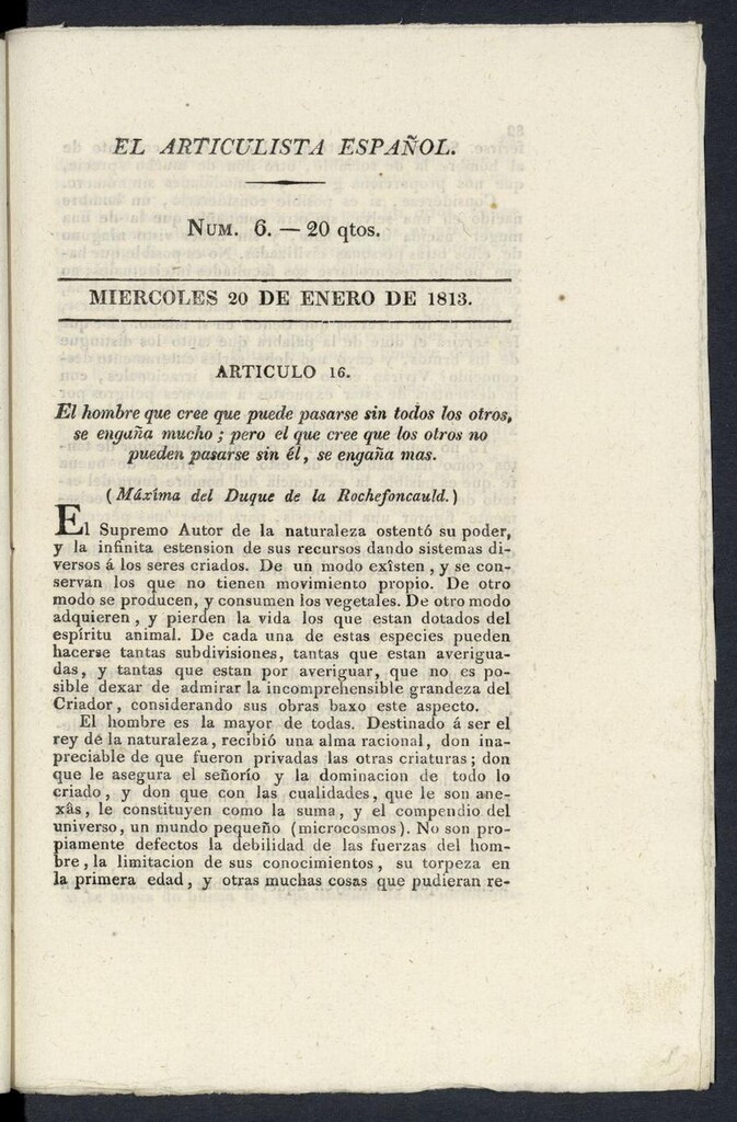 Miniatura de El Articulista Español, miércoles 20 de enero de 1813