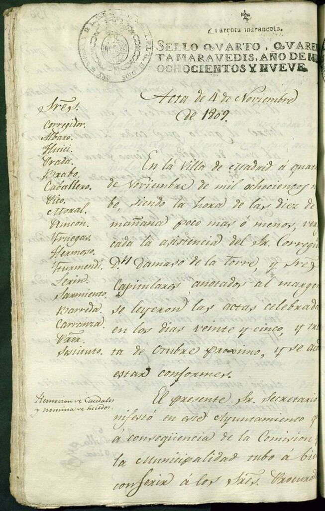 Miniatura de Libro de Acuerdos del Ayuntamiento de Madrid del 4 de Noviembre de 1809