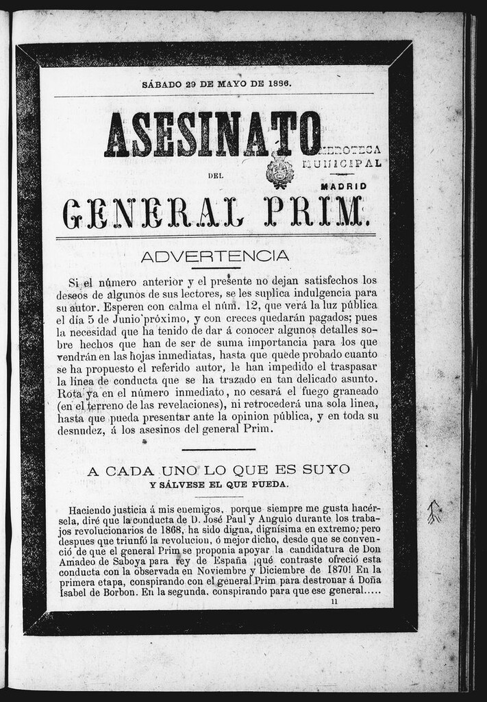 Miniatura de Asesinato del General Prim. Sábado 29 de mayo de 1886
