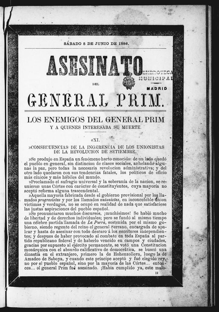 Miniatura de Asesinato del General Prim. Sábado 5 de junio de 1886