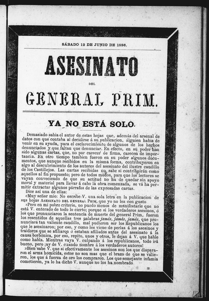 Miniatura de Asesinato del General Prim. Sábado 12 de junio de 1886