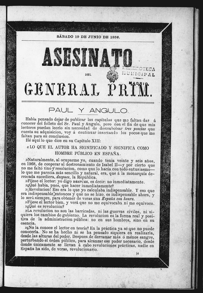 Miniatura de Asesinato del General Prim. Sábado 19 de junio de 1886