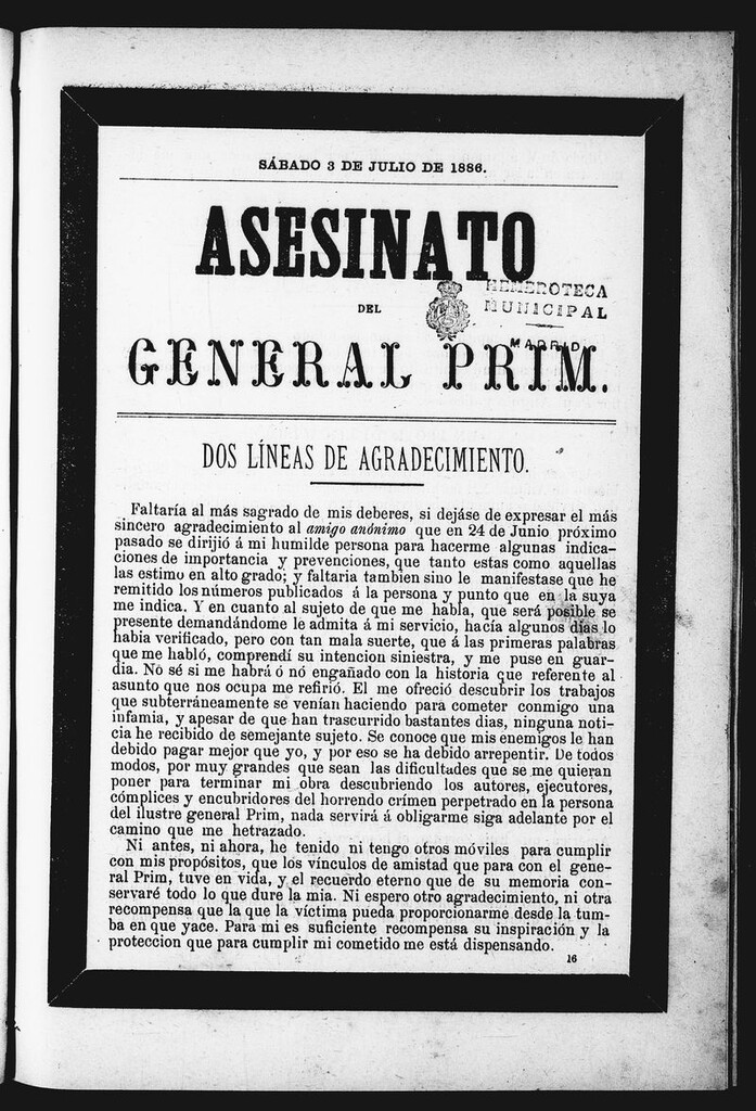 Miniatura de Asesinato del General Prim. Sábado 3 de julio de 1886