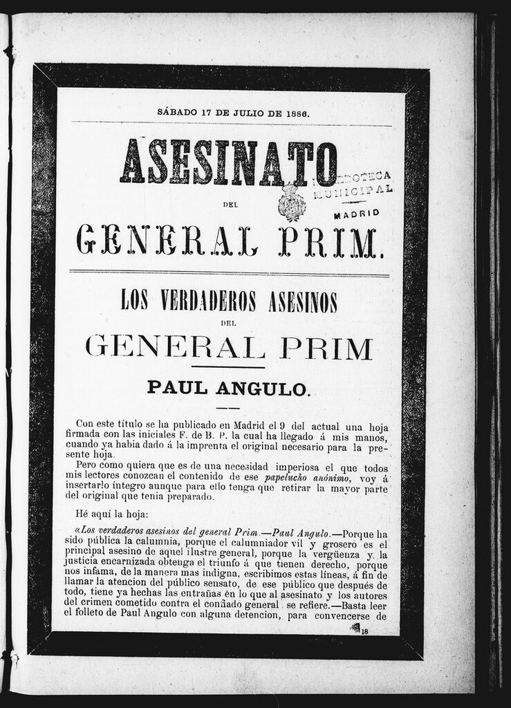 Miniatura de Asesinato del General Prim. Sábado 17 de julio de 1886